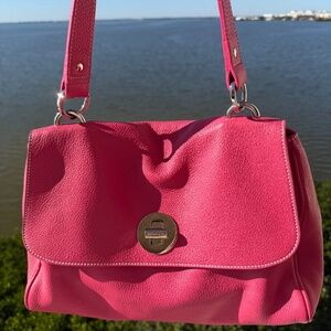 Tiffany & Co Pink Pebbled Leather medium satchel handbag blue leather interior